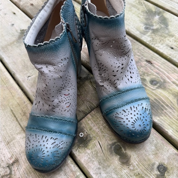 Spring Step L'Artiste Ankle Boots Size 40 Gray/Teal Leather Zip Perforated - Picture 10 of 12